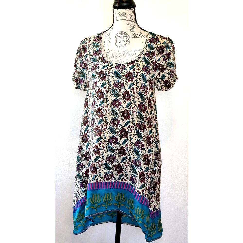 Tolani Floral Print Silk Shift‎ Dress Short Sleeve High Low Boho Sz S Multicolor